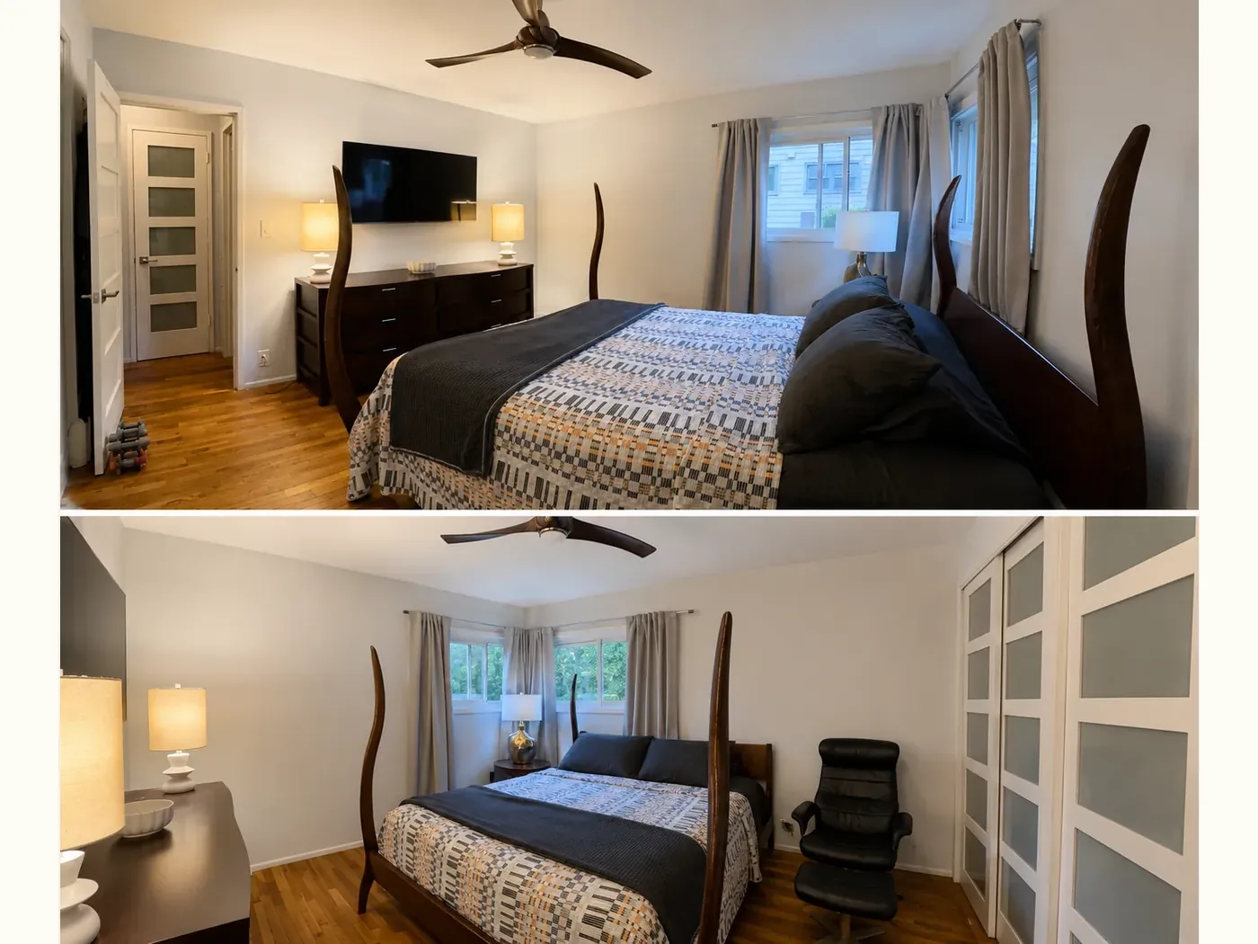 The same bedroom after — bed made and styled, clear surfaces, and open floor space
