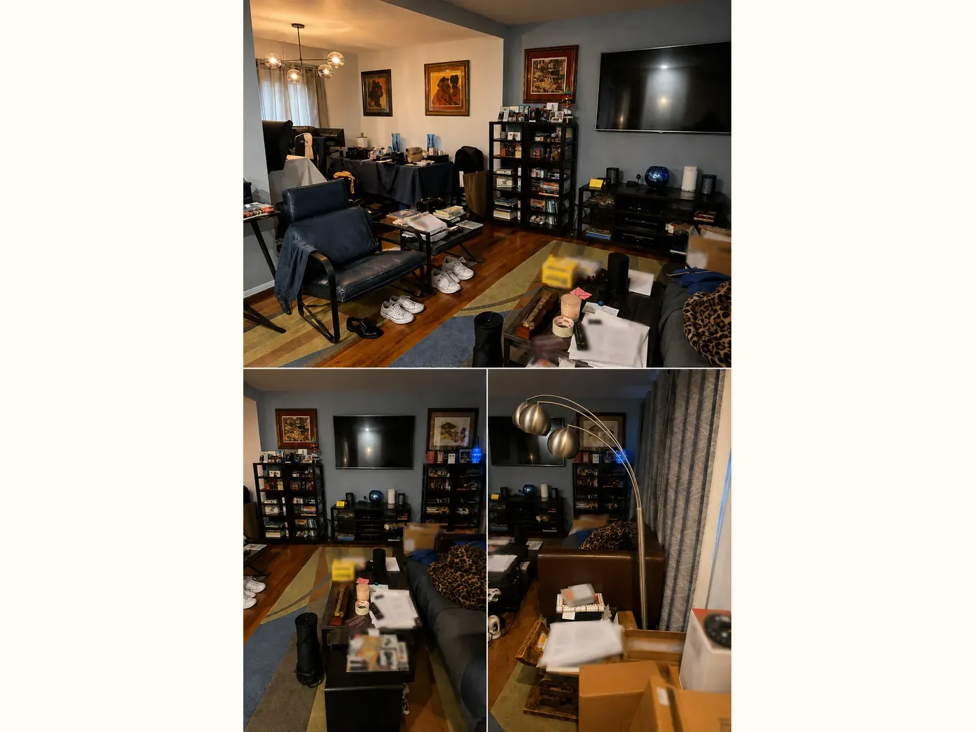 Living room before organizing — cluttered shelving, stacked papers, shoes and belongings covering the floor and tables